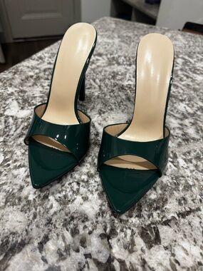 SHEIN Dark Green Patent Pointed Toe Stiletto Mules